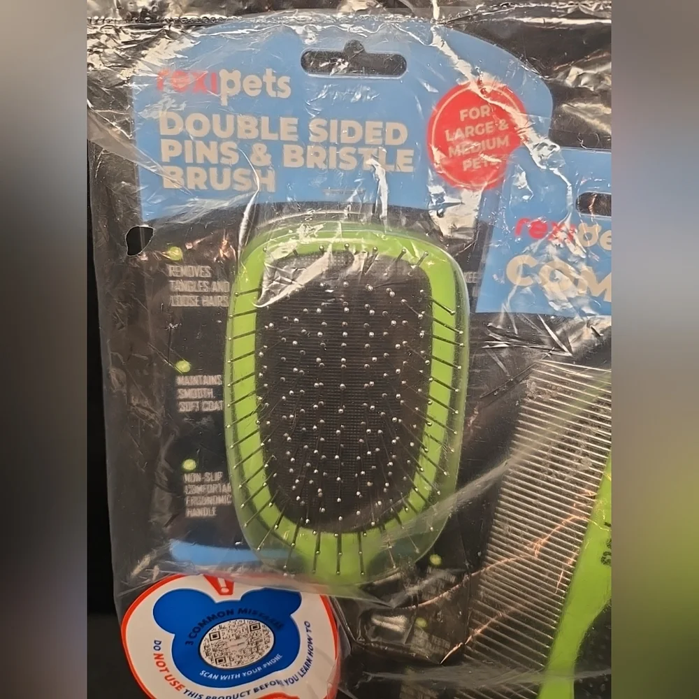 2pc Set Rexipets Double Sided Pet Brush & Comb Black & Lime Green Dogs & Cats